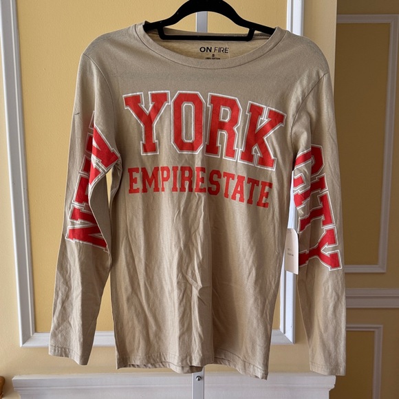 On Fire Tops - On Fire Beige Long Sleeve with Red New York Print